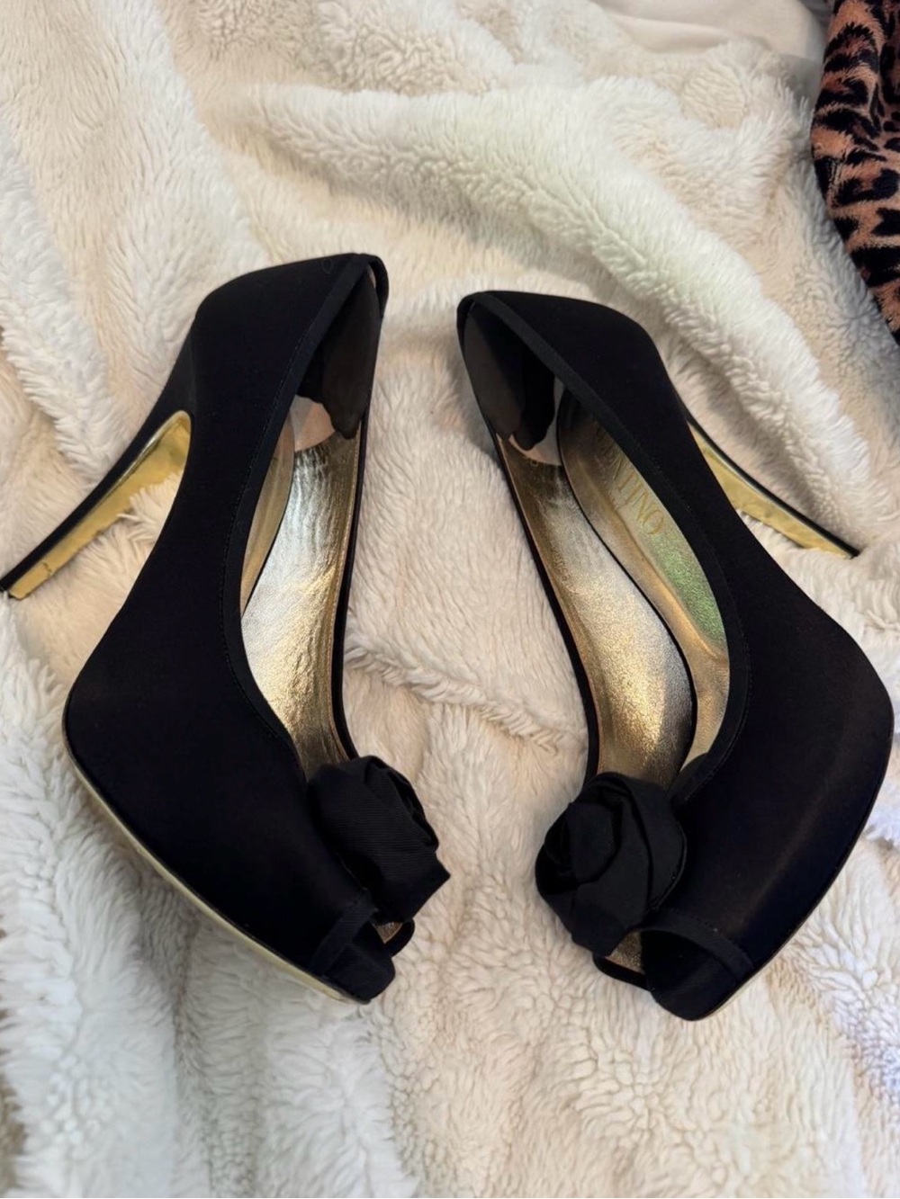 Valentino Black Open-Toe Heels with Rosette Detail